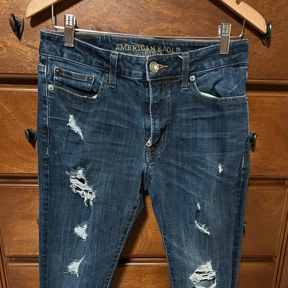 Men’s Slim distressed dark washed AE jeans